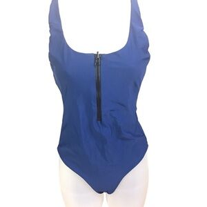 Young & Reckless Women’s Medium Navy Reversible to Beige Front Zip Tank Swimsuit